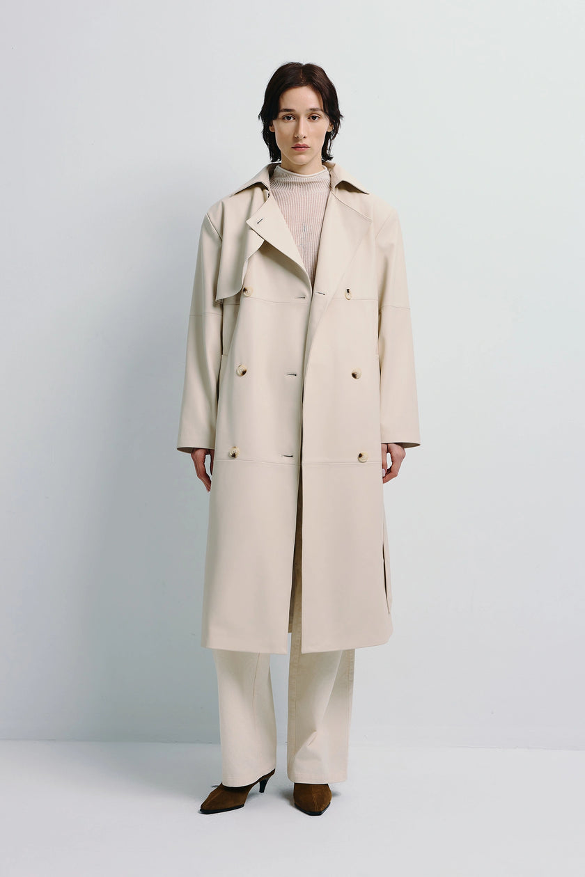 Cream Morsson Belted Leather Trench Coat with oversized design, on model