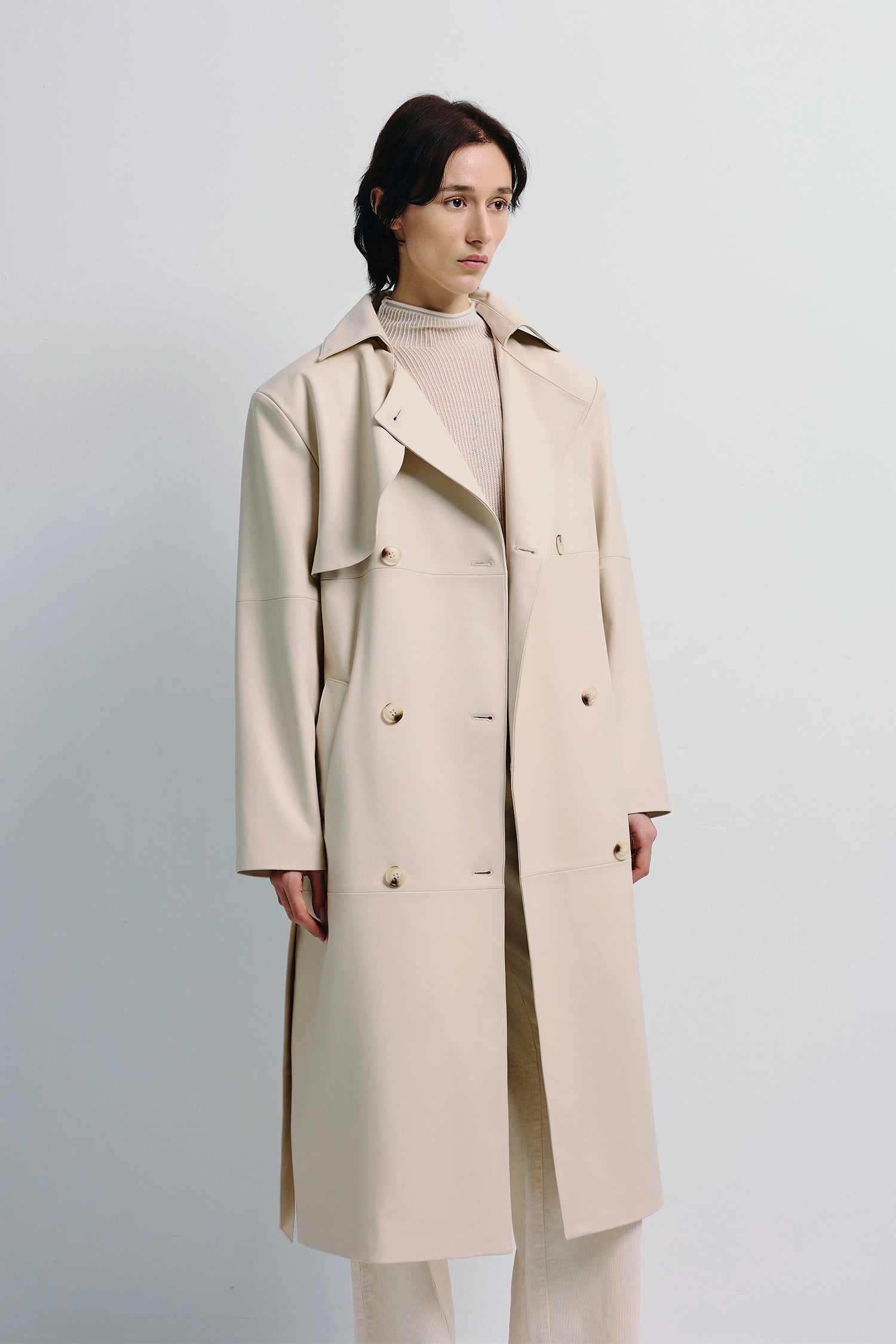 Morsson Belted Leather Trench Coat Creme