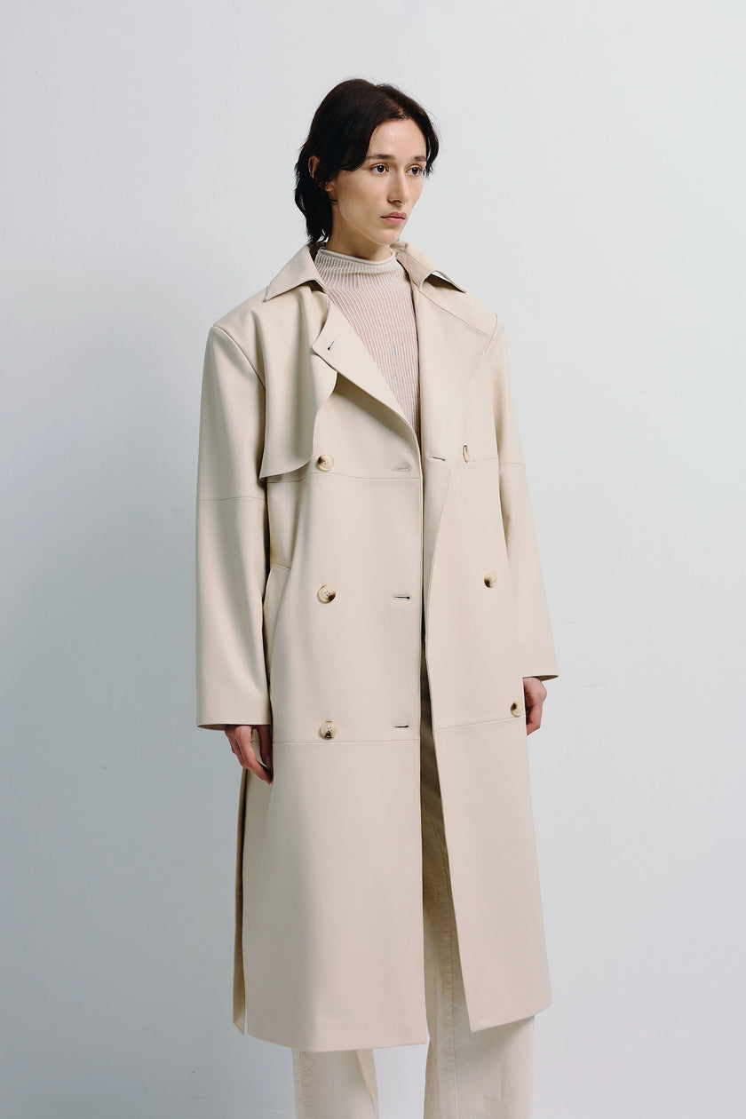 Cream Morsson Belted Leather Trench Coat, oversized sheepskin, structured design, on model