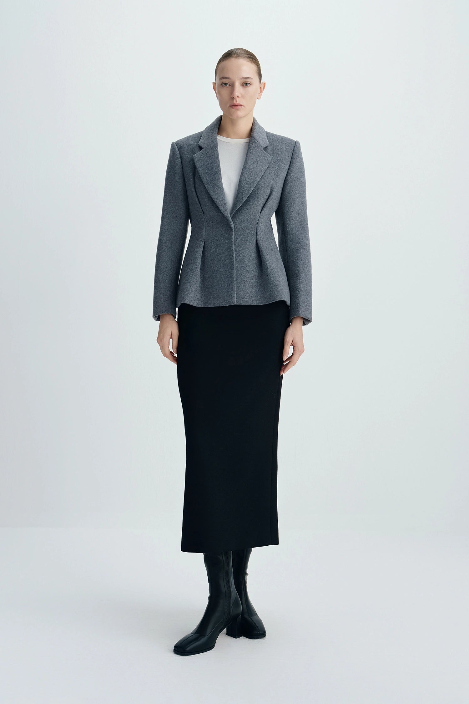 Trenton Pleat Waist Wool Blazer Charcoal