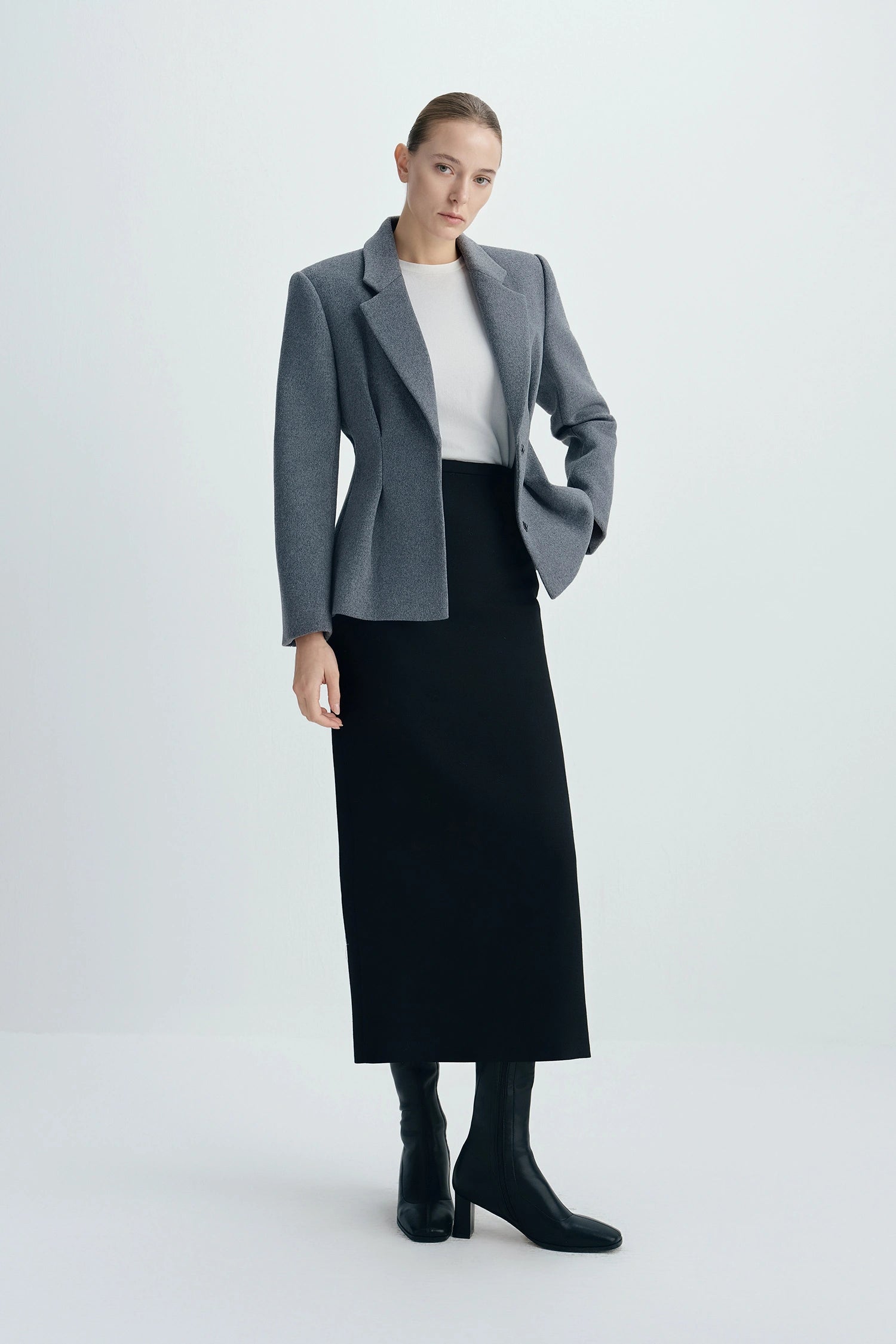 Trenton Pleat Waist Wool Blazer Charcoal