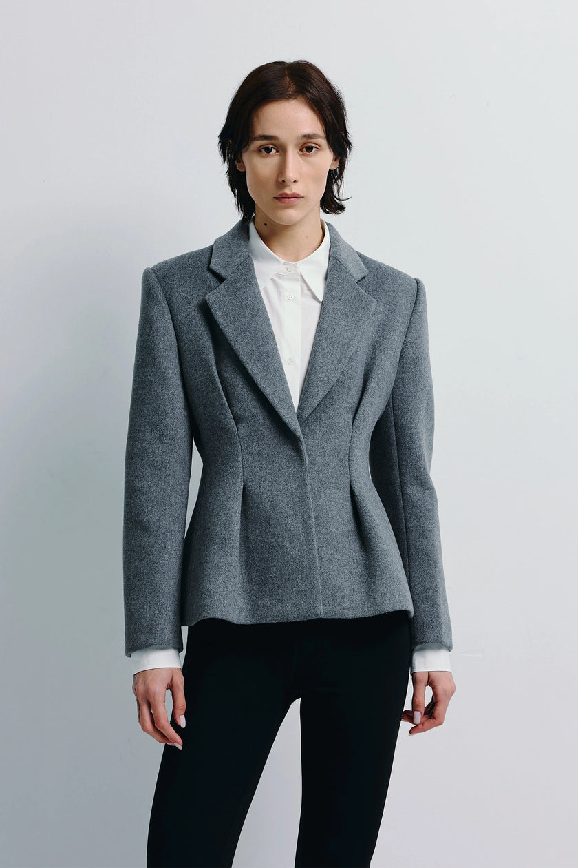 Ruesophie Trenton Blazer: Gray wool-blend blazer with pleated waist, tailored fit