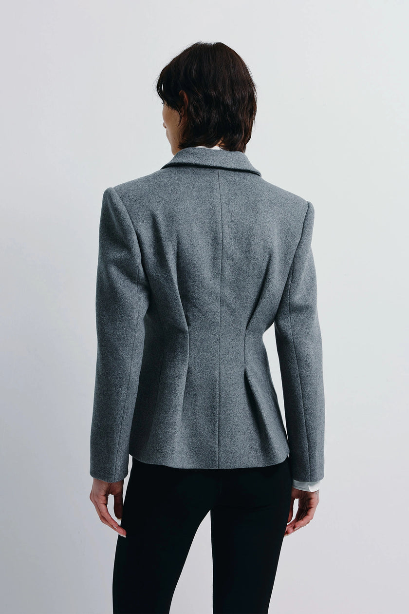 Trenton Pleat Waist Wool Blazer in gray with structured shoulders and pleated waist detail