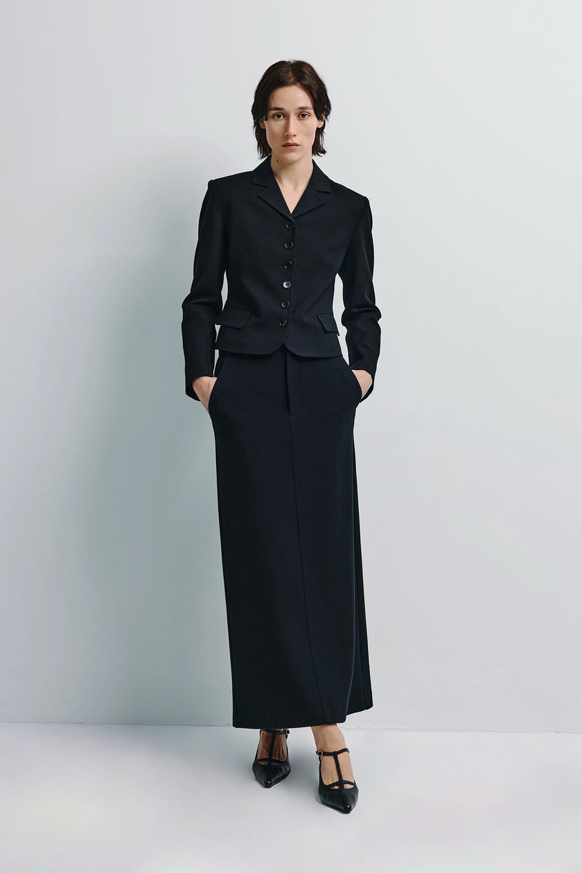 Black Lenn Fitted Short Blazer and skirt set, modern women's fashion, minimalist tailored outfit