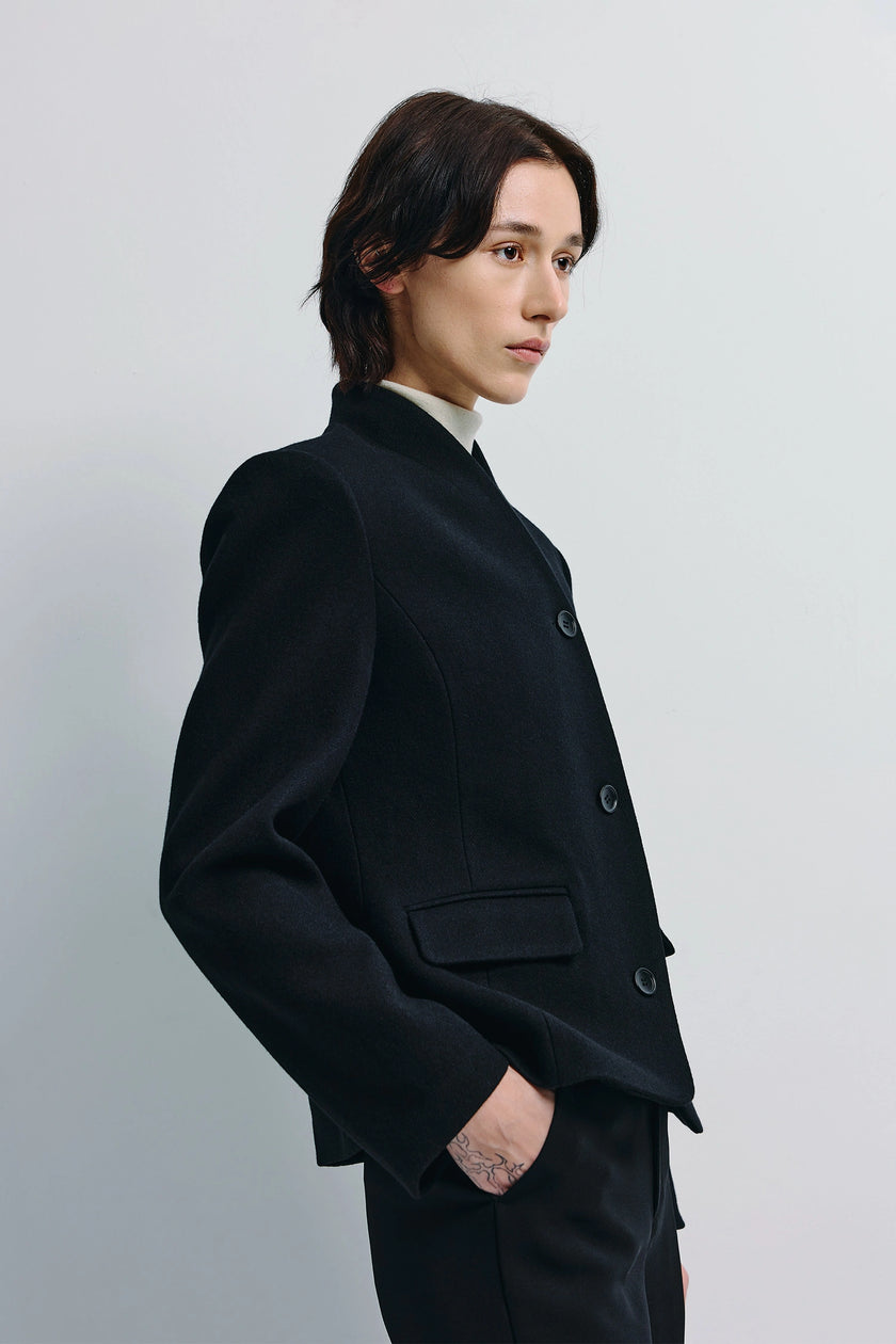 Camberly Collarless Short Blazer in Black, luxurious wool blend, modern tailoring, sophisticated style.