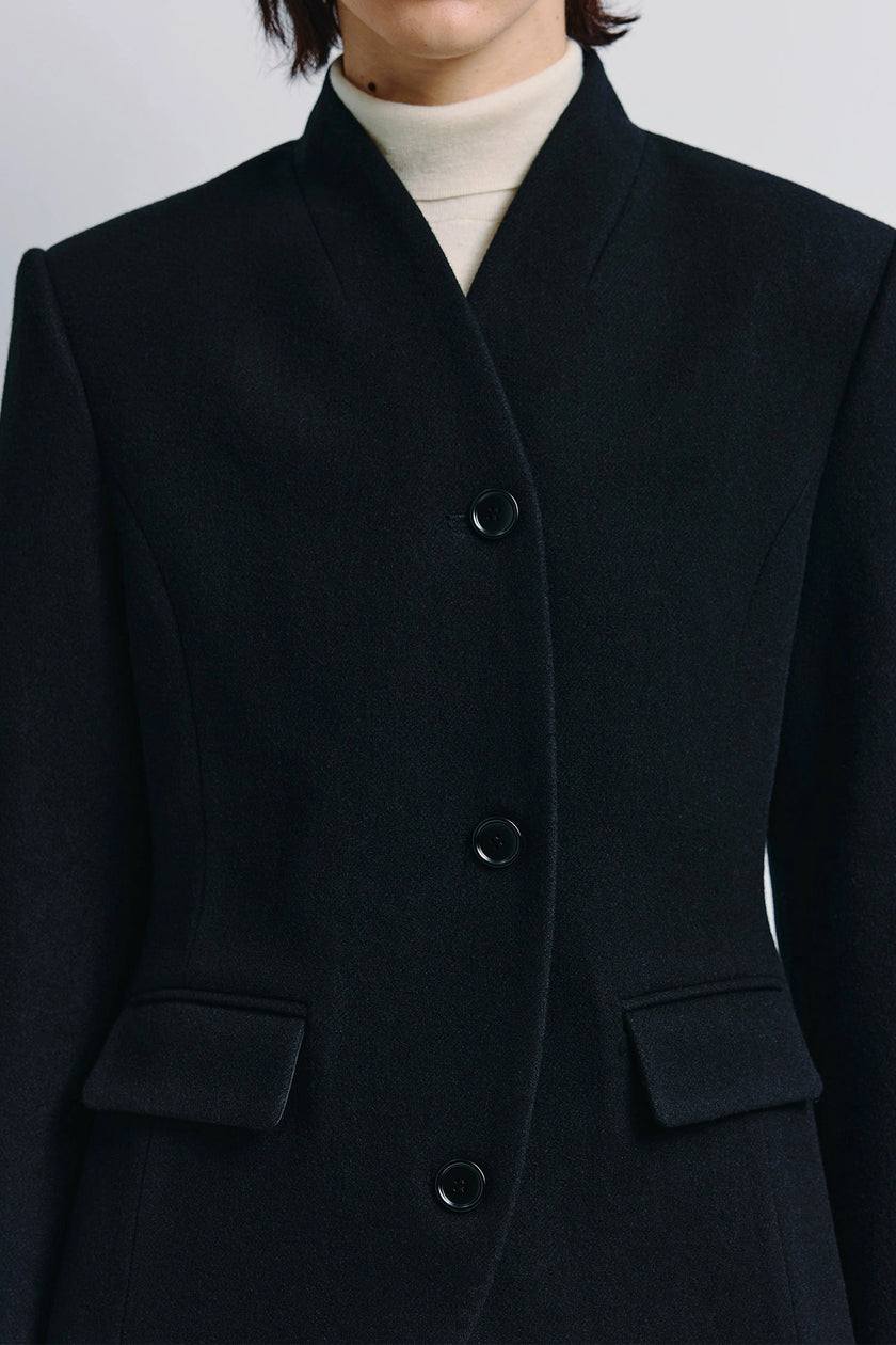 Camberly Collarless Blazer in black wool blend. Modern tailored short blazer, sophisticated style.