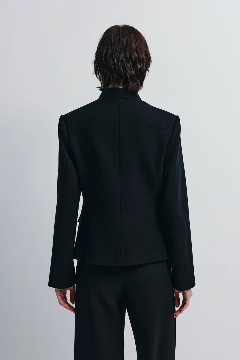 Black Camberly Collarless Blazer back view, wool-cashmere blend, modern tailoring, sophisticated style.