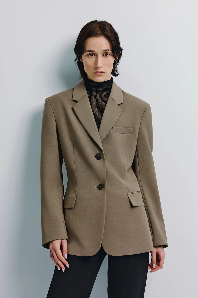 Rue Sophie Ellison Oversized Shoulder Blazer in beige with structured shoulders