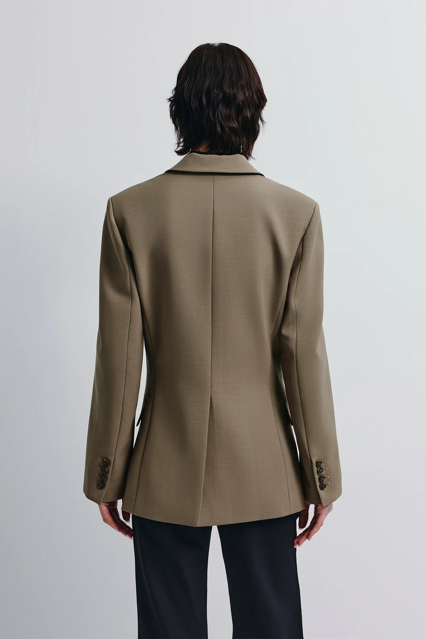 Rue Sophie Ellison Oversized Shoulder Blazer in beige, back view, structured shoulders, tailored fit