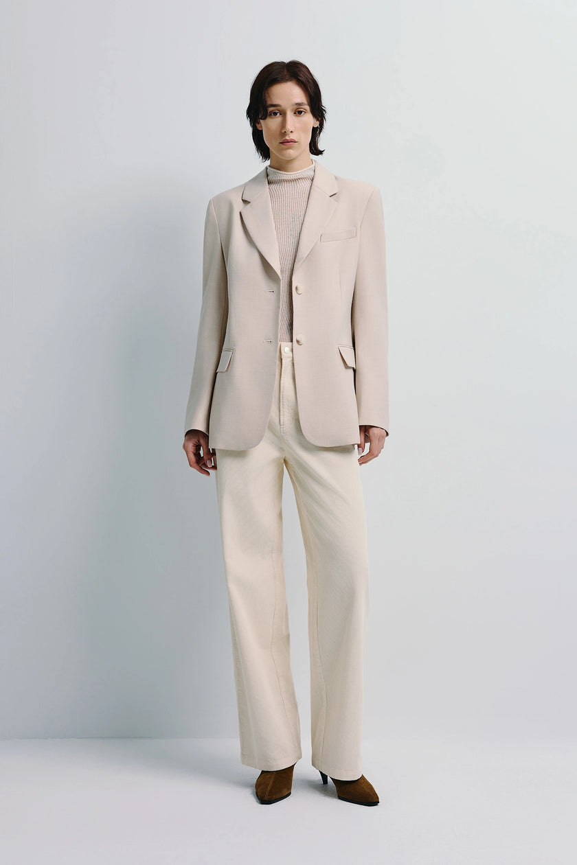 Ruesophie Ellison Oversized Shoulder Blazer in beige wool-blend, oversized shoulder silhouette