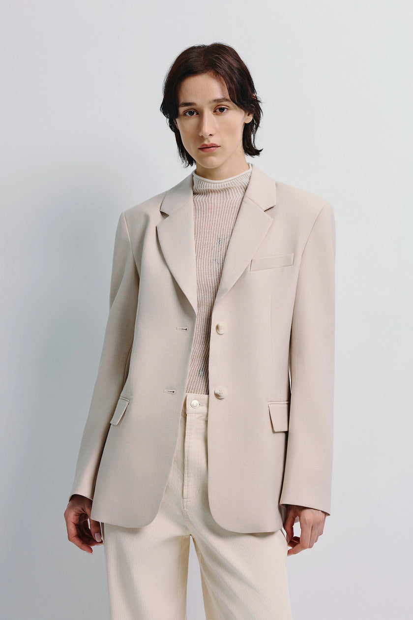 Ellison Oversized Shoulder Blazer in light beige wool blend, tailored with sculpted shoulders