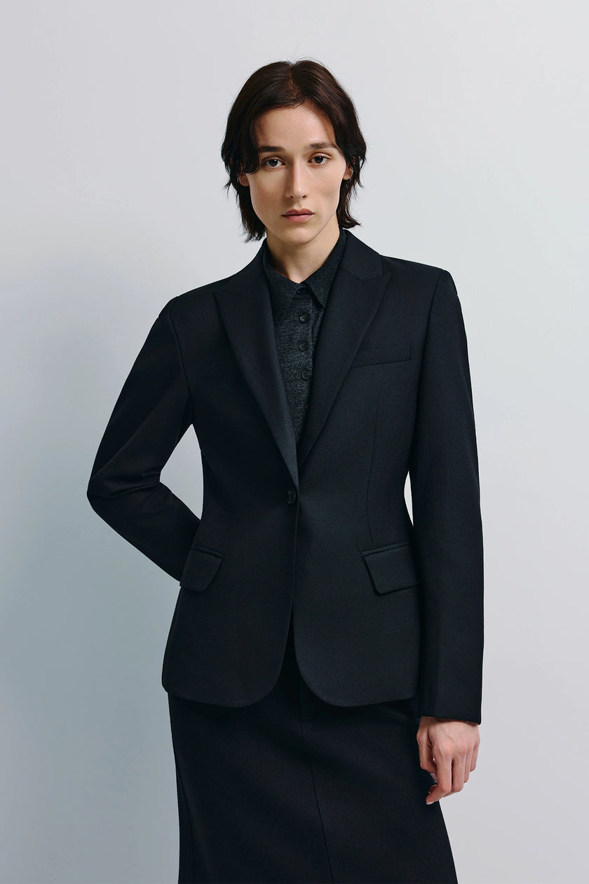 Jin Slim Waist Wool Blazer in black, tailored fit, single-button closure, on a model.