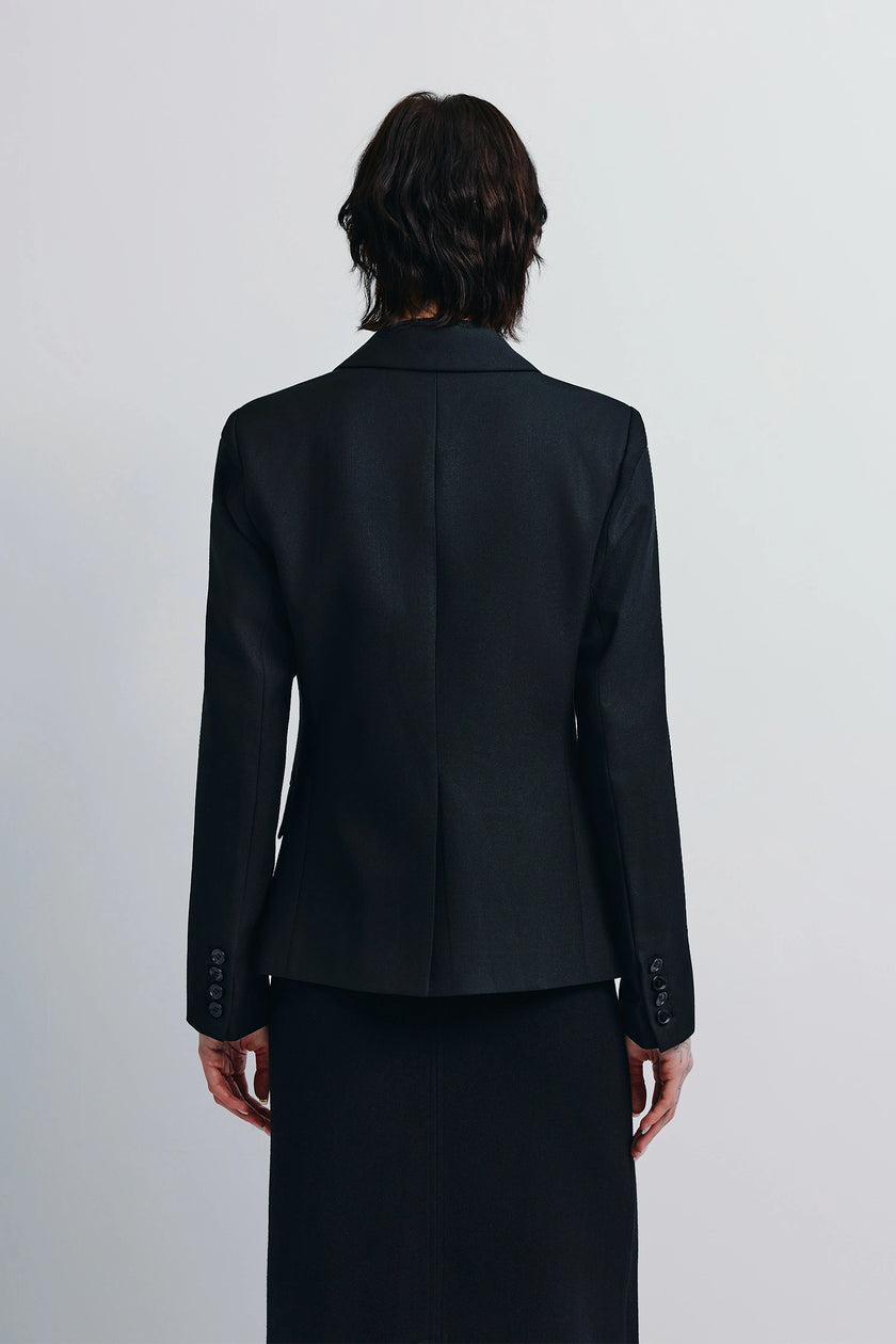 Black Jin Slim Waist Wool Blazer, tailored wool blend, cinched waist, on model