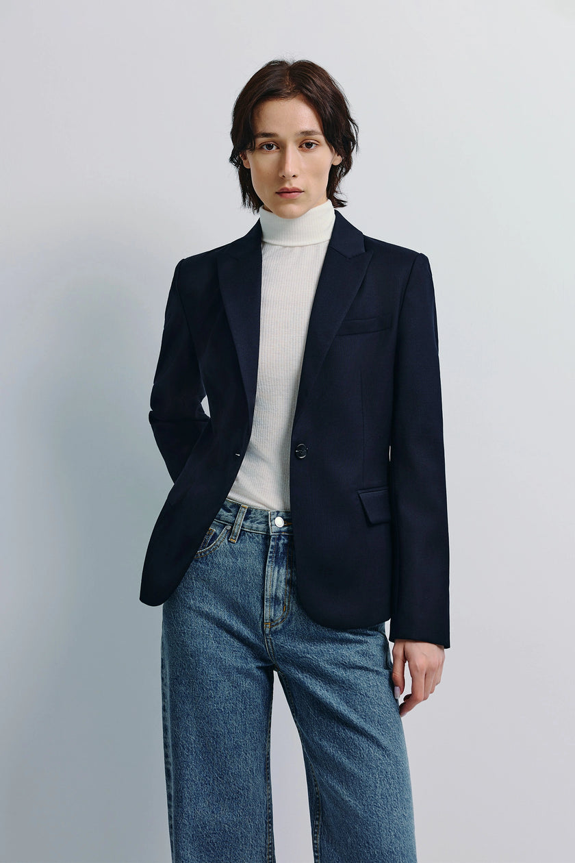 Navy Jin Slim Waist Wool Blazer with white turtleneck and blue jeans
