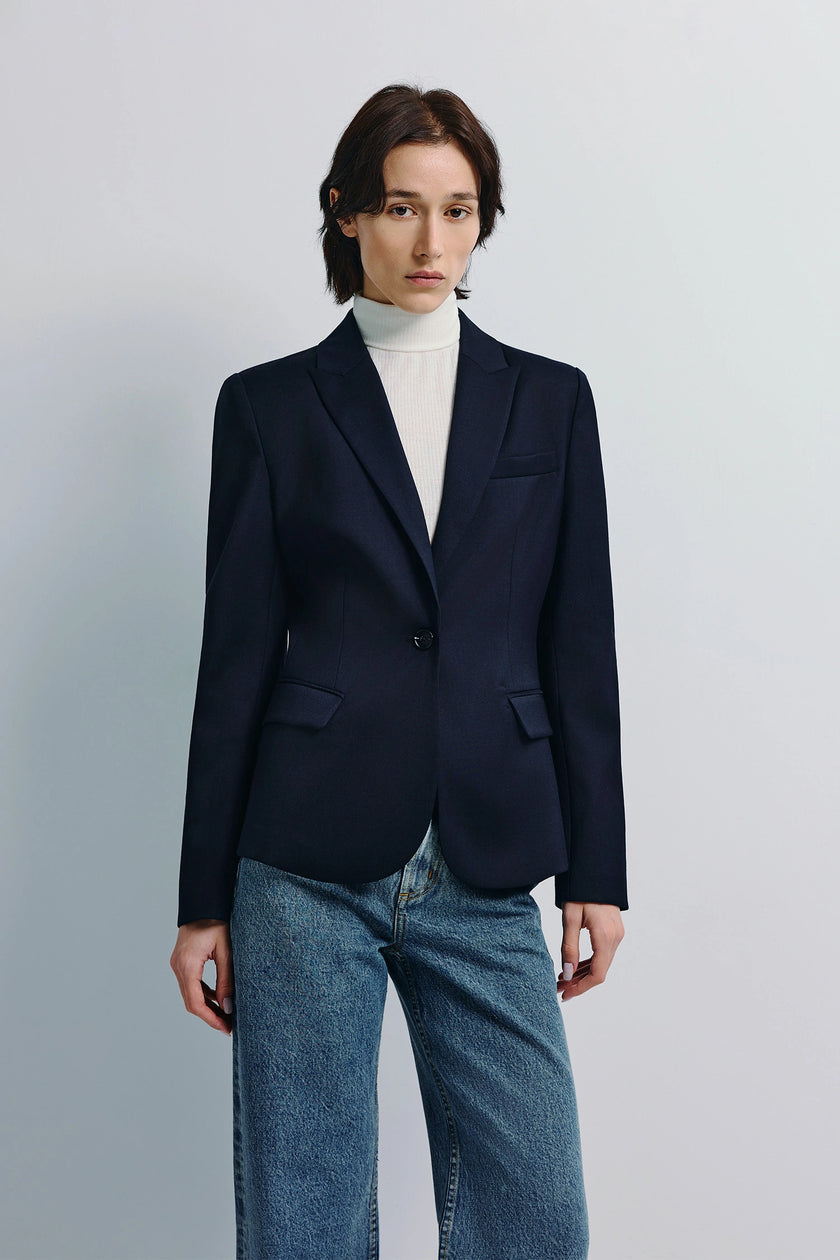 Navy Jin Slim Waist Wool Blazer with white turtleneck and blue jeans