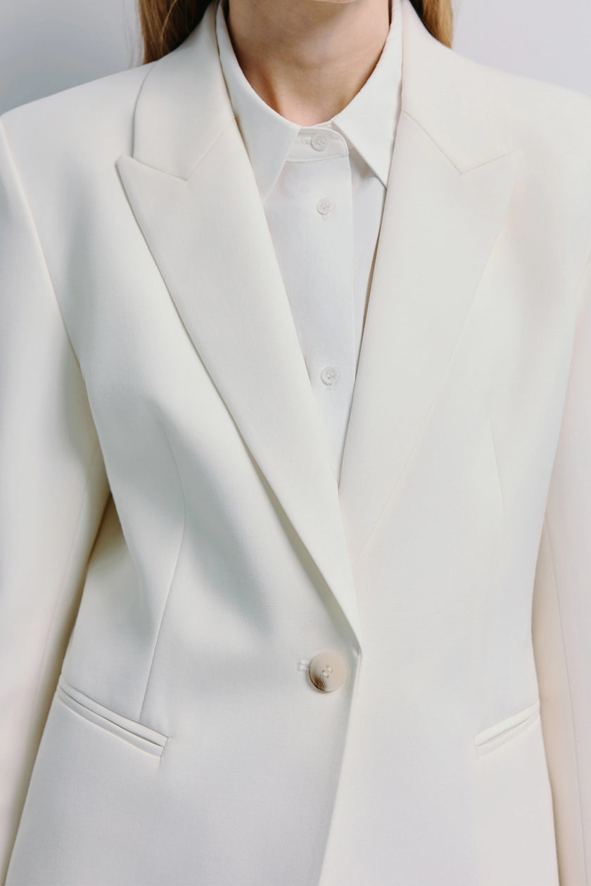 Colette Blazer white wool blend, single button, clean welt pockets - Rue Sophie