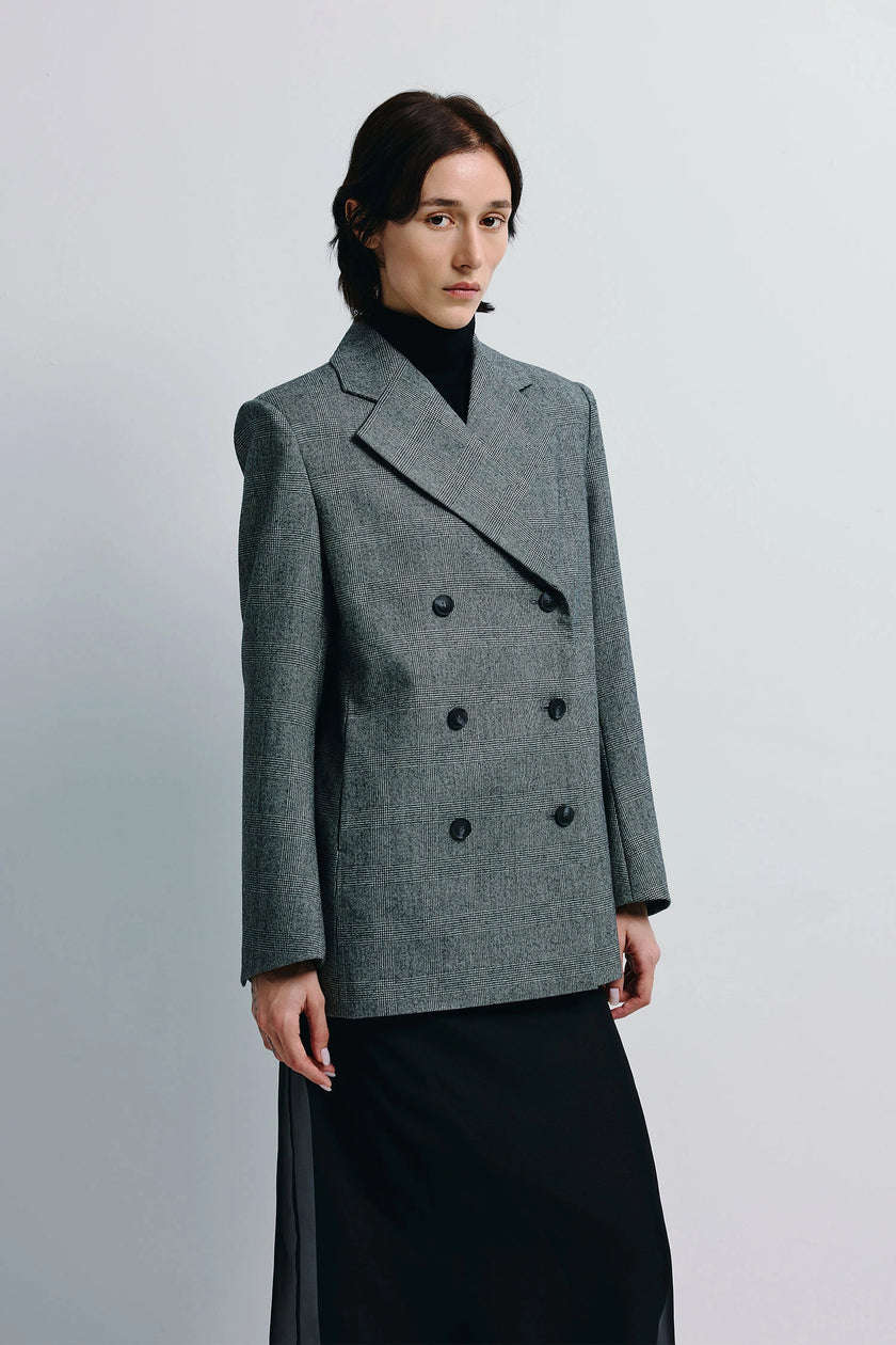 Emery Plaid Blazer in grey wool, double-breasted with strong shoulders, modern women's fashion