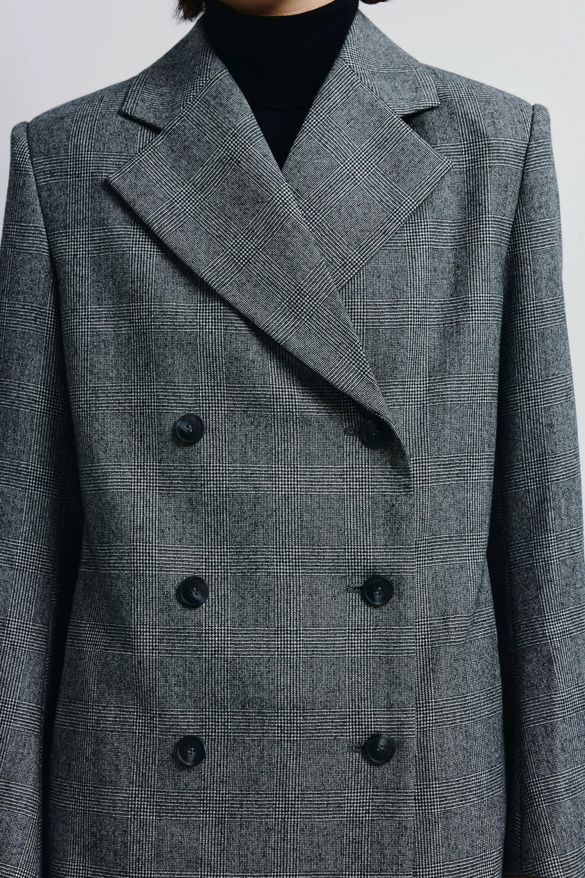 Emery Plaid Blazer in grey wool. Double-breasted, structured shoulders, modern balance, Rue Sophie