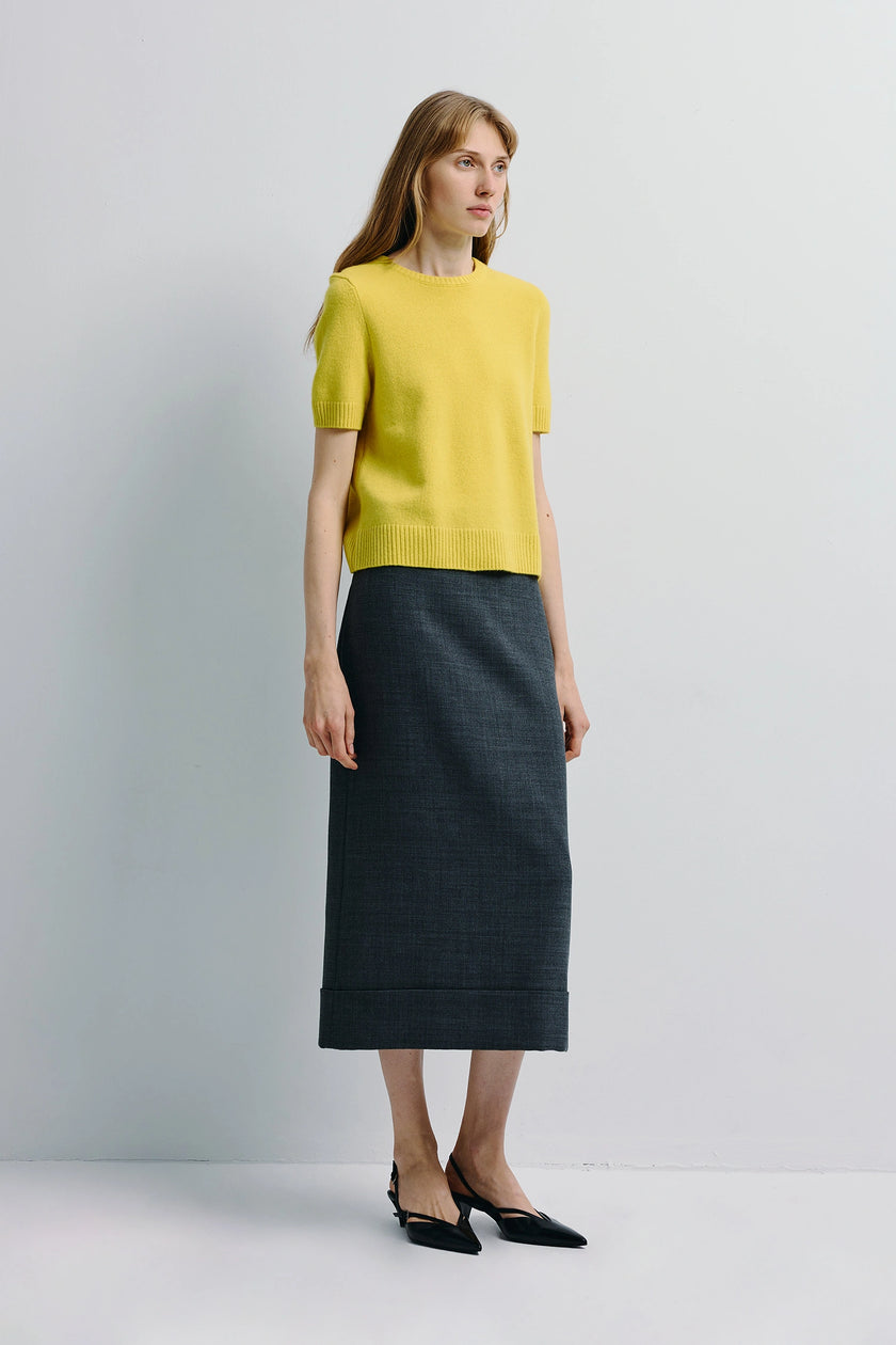 Yellow Leta Crewneck Sweater with grey skirt, wool-cashmere blend, Rue Sophie