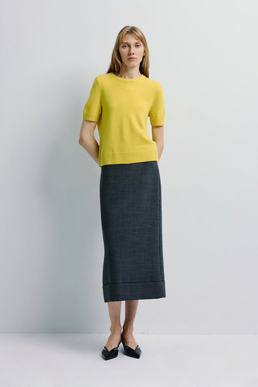 Yellow Leta Crewneck Sweater with dark grey skirt, wool-cashmere blend, short sleeves