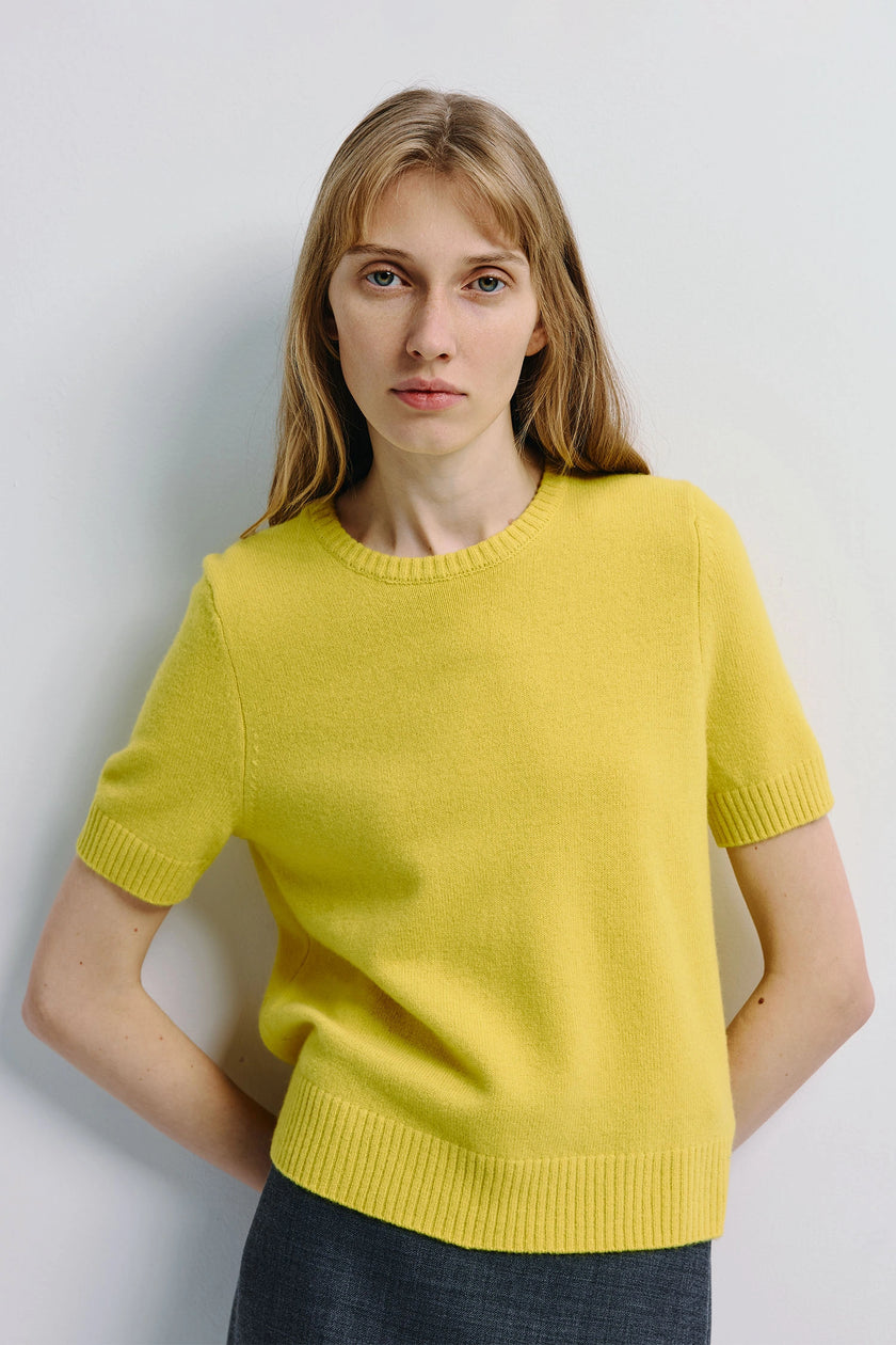 Leta Crewneck Sweater in yellow, short-sleeved wool-cashmere blend, model shot against a white background