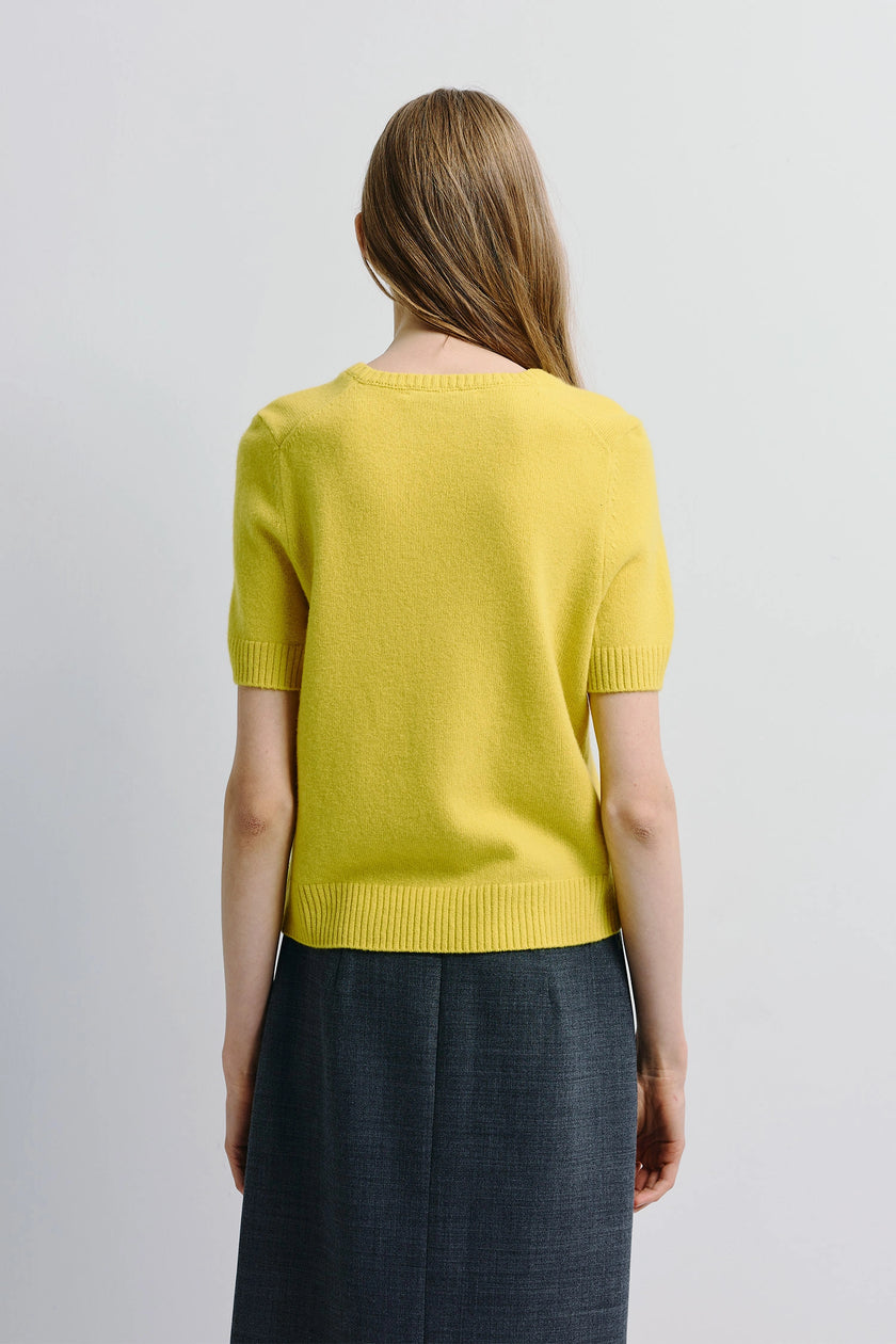 Leta Crewneck Sweater in yellow with short sleeves, wool-cashmere blend, paired with a dark grey skirt