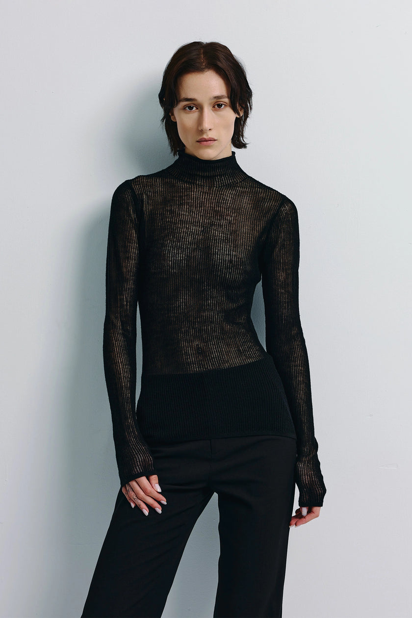Kaya Ribbed Sheer Sweater Black