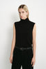 A model wearing a Rue Sophie black sleeveless mock-neck top with a clean straight silhouette and softly draped neckline, front view.