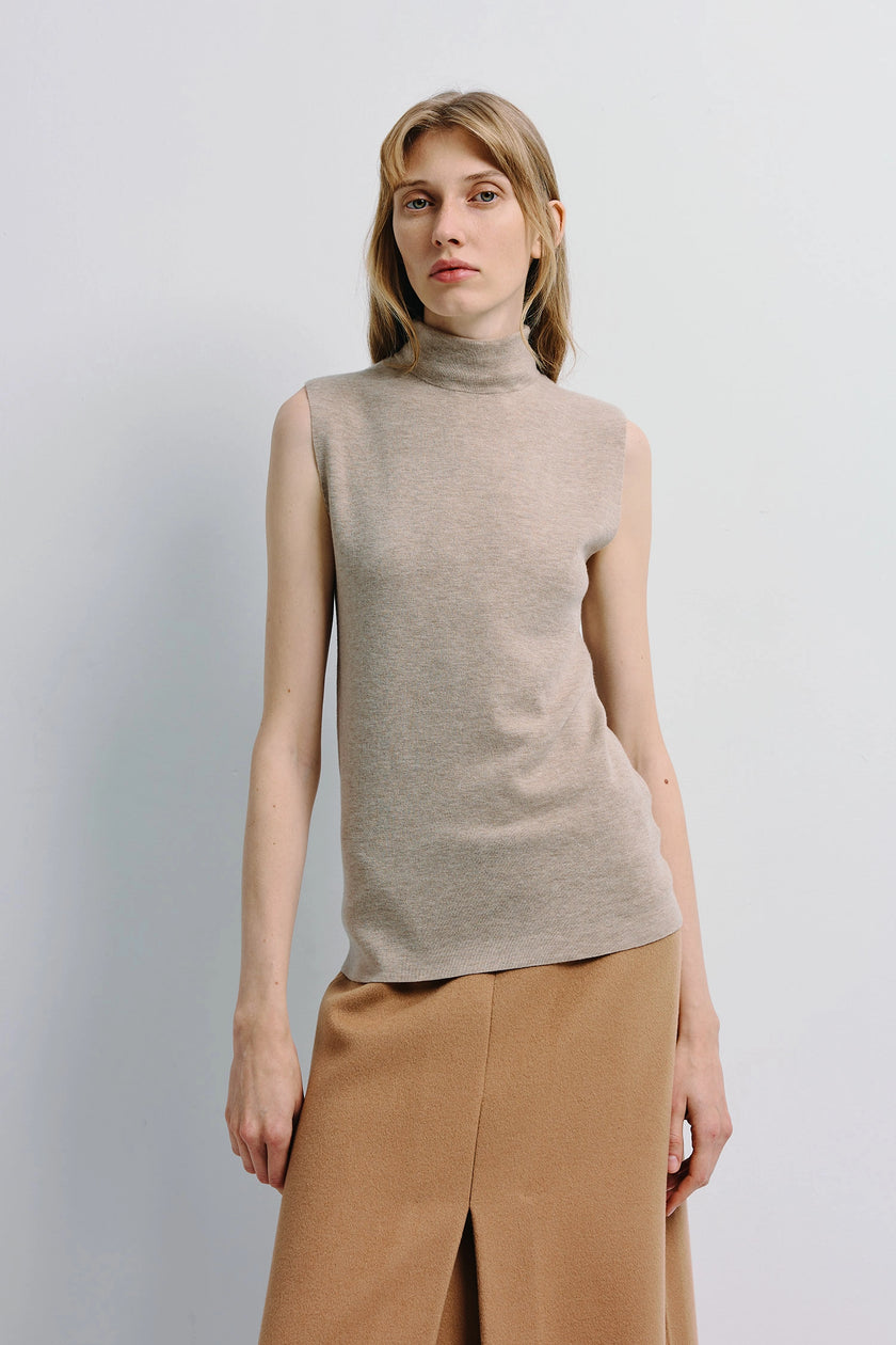 Lilou Sleeveless Turtleneck Top in beige, fine wool knit, sleeveless design