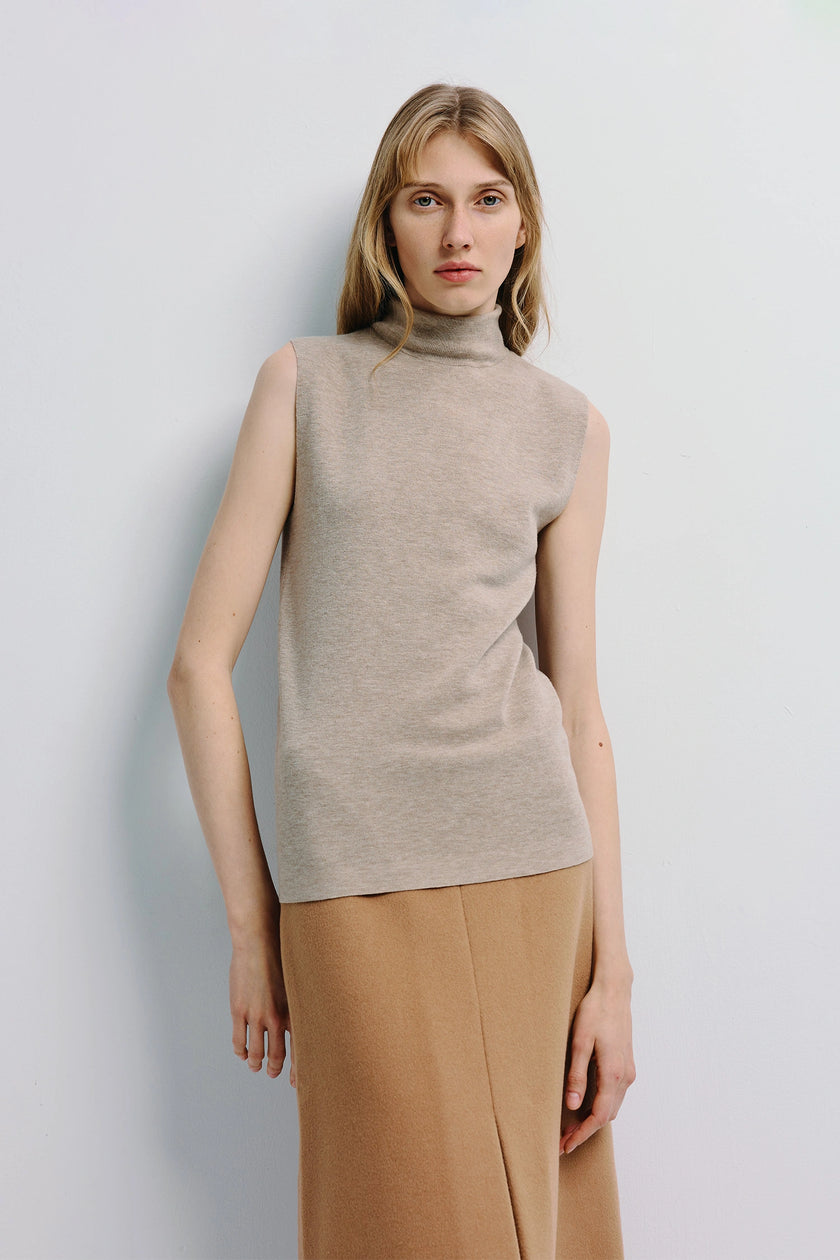 Beige Lilou Sleeveless Turtleneck Top and matching skirt, fine wool knit, minimalist Rue Sophie design