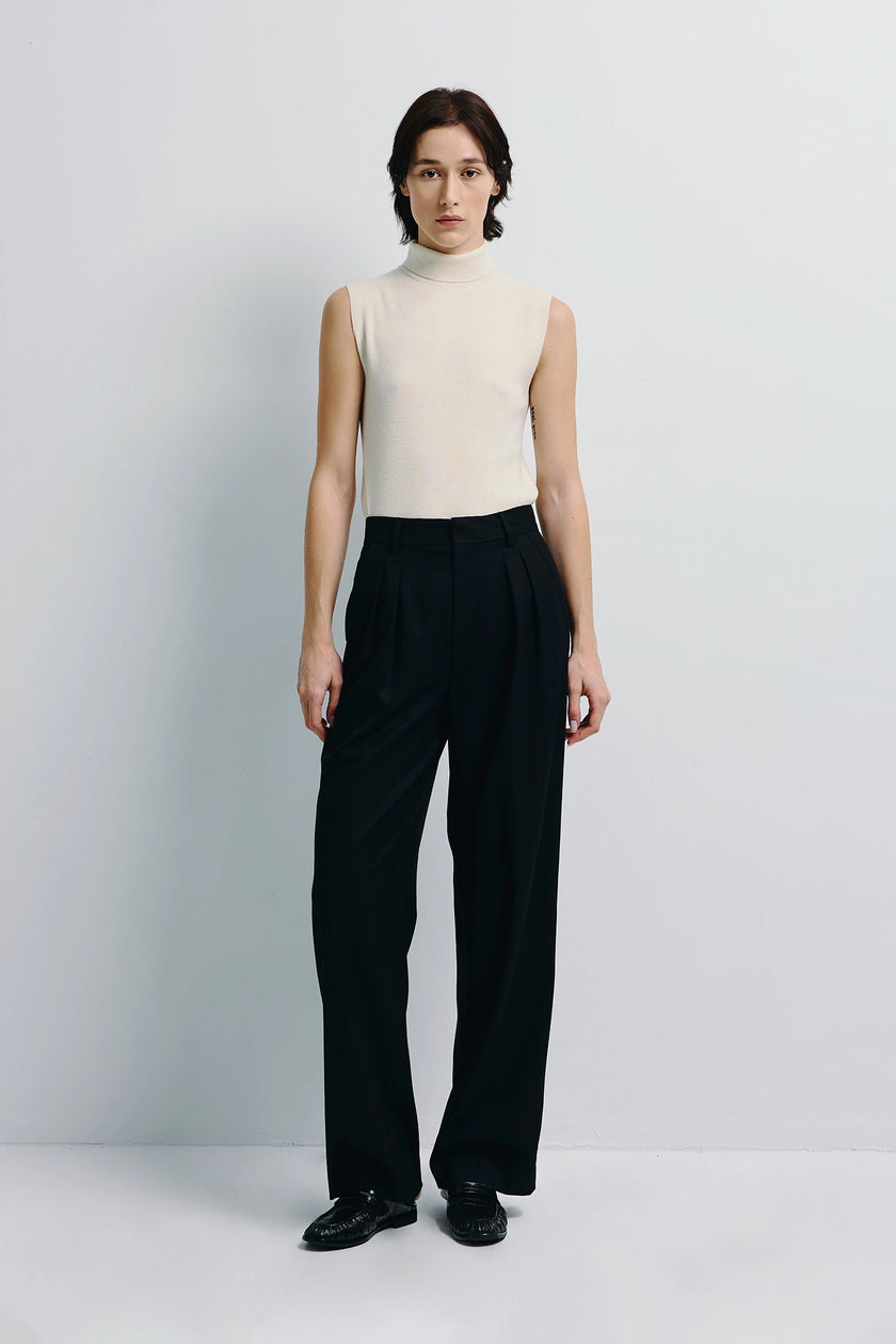 Lilou Sleeveless Turtleneck Top, Cream Wool Knit and Black Trousers, Modern Women's Fashion