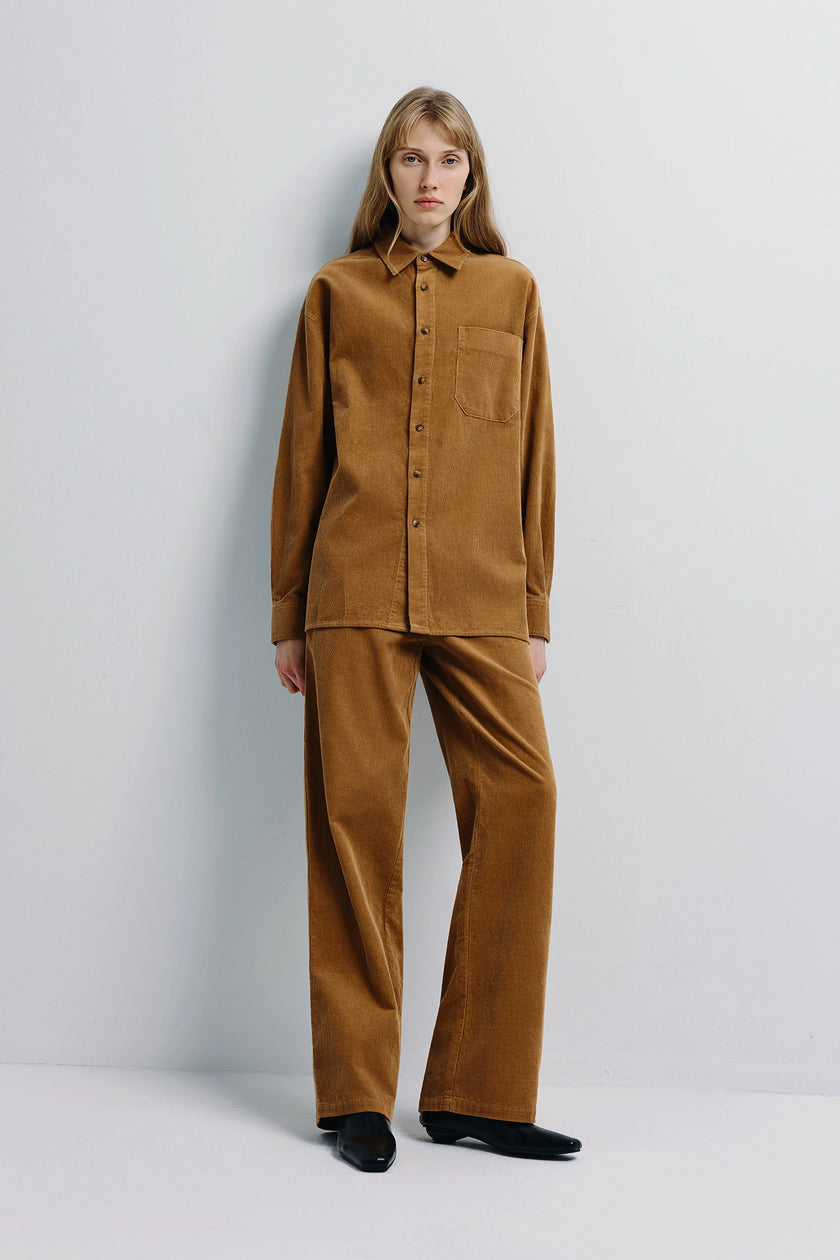 Ruesophie Maris Corduroy Set in brown. Button-down shirt and pants, tailored fit, fall fashion.