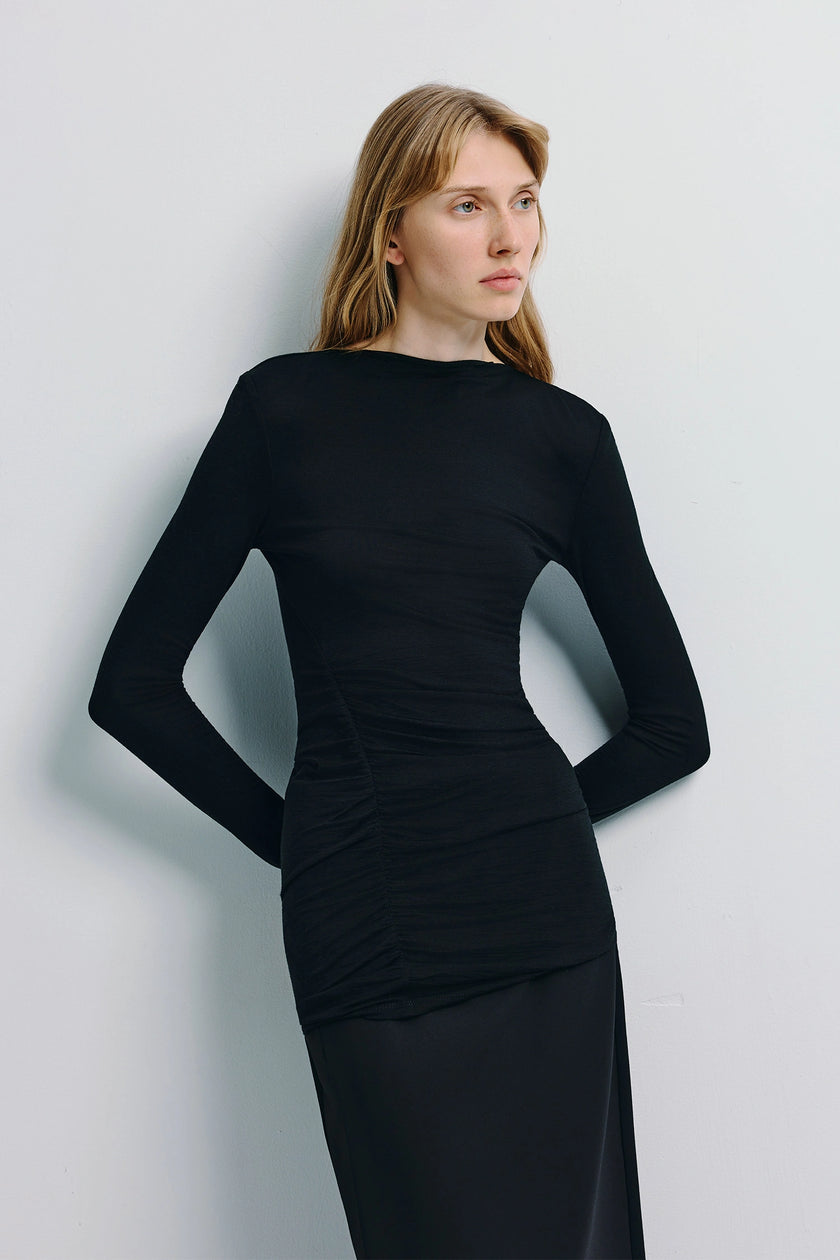 Black Wren Fine Knit Boatneck Top with side ruching, sleek silhouette