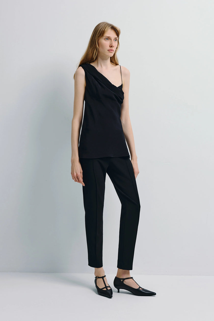 Manuela Asymmetric Cami Top in black with trousers and shoes