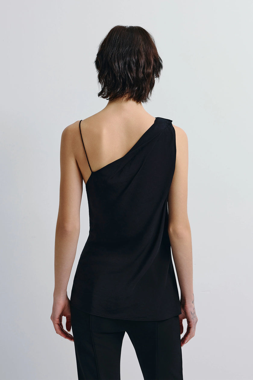 Manuela Asymmetric Cami Top in black. Featuring an asymmetrical neckline and draped design.