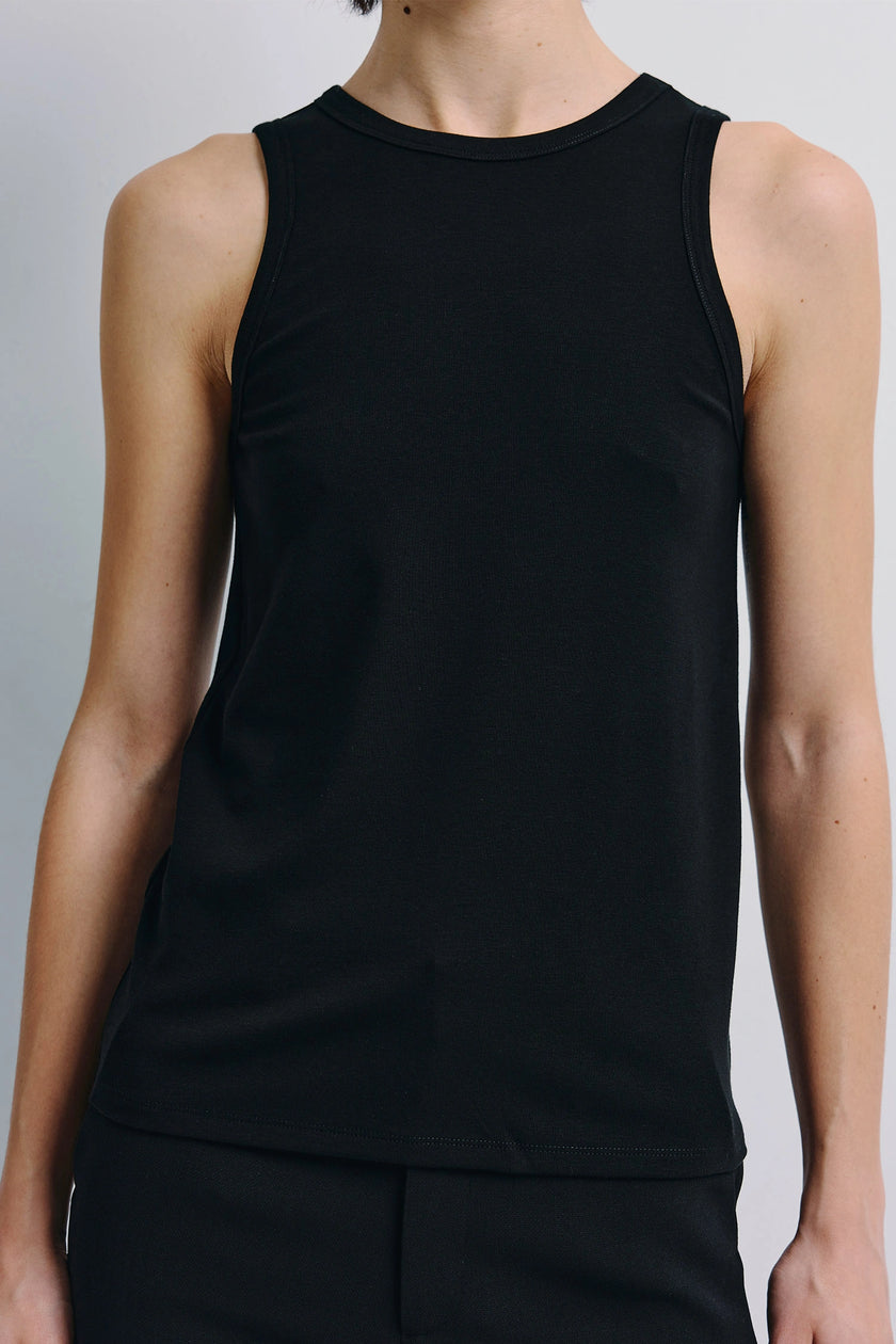 Béri High Neck Tank Top in black, soft wool-blend, minimalist design, refined layering