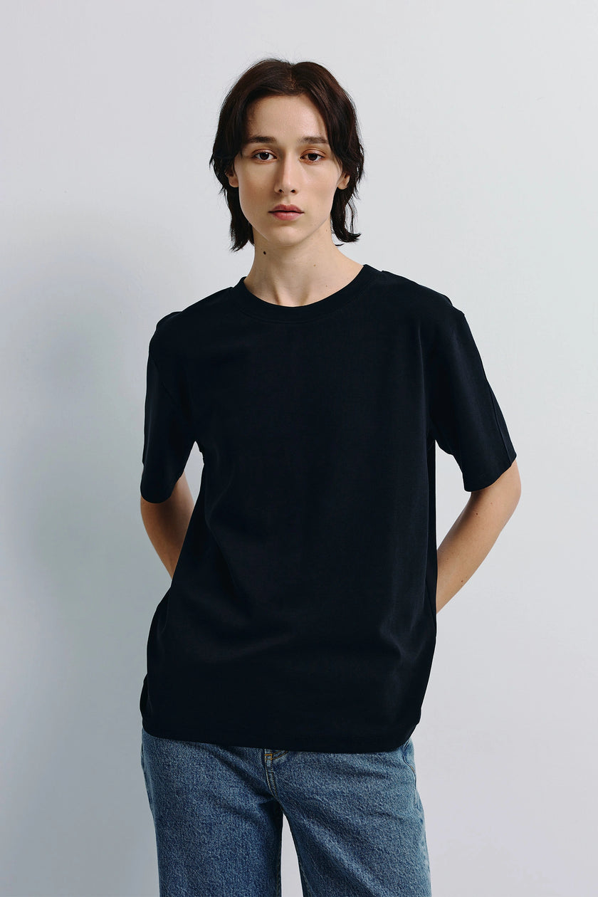 Black Owen Boxy Crewneck Tee short sleeve shirt, cotton-rayon blend, minimalist design.