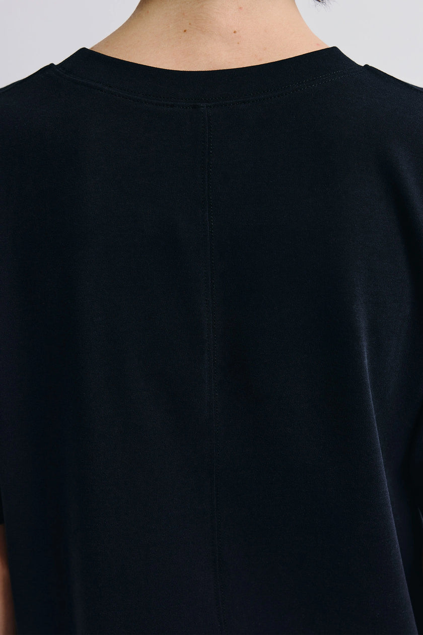 Black Owen Boxy Crewneck Tee detail: back view of crew neck and seam. Cotton-rayon blend.