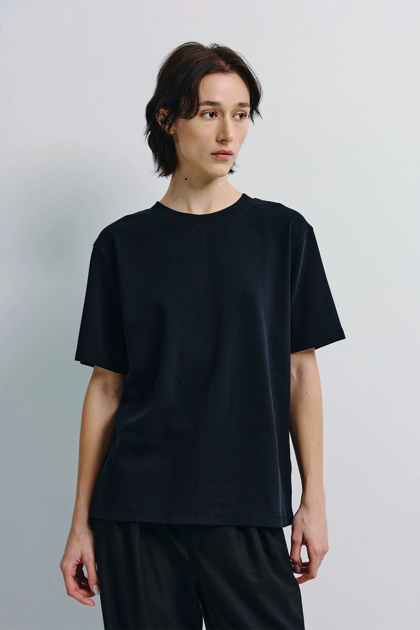 Black Owen Boxy Crewneck Tee in minimalist style. Cotton-rayon blend short sleeve shirt for everyday wear.