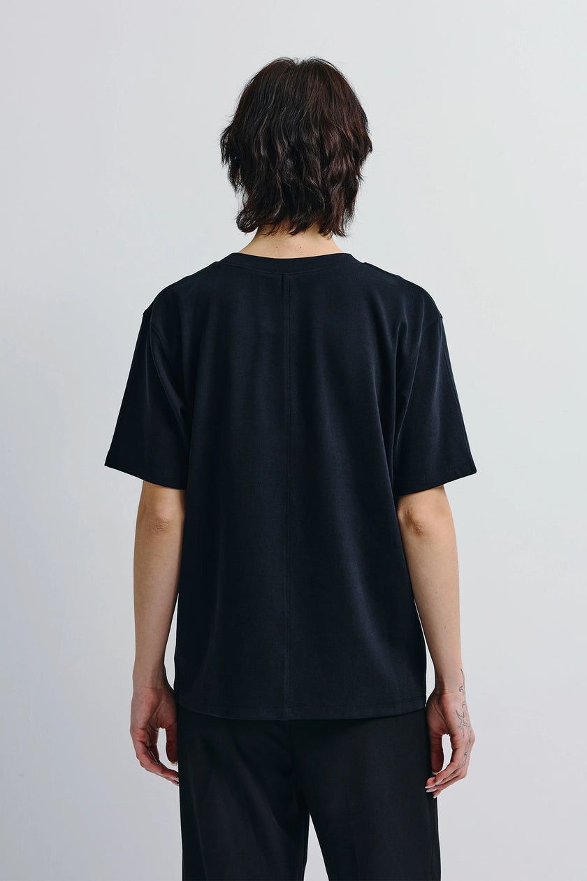 Black Owen Boxy Crewneck Tee rear view, cotton-rayon blend shirt, minimalist design.