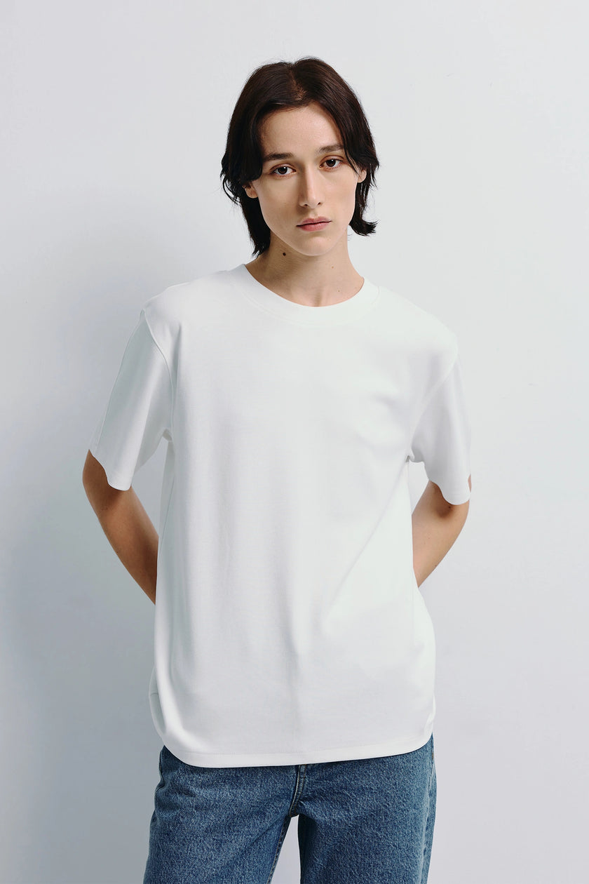 Owen Boxy Crewneck Tee in white. Short sleeve, cotton-rayon blend, boxy silhouette, and clean neckline.