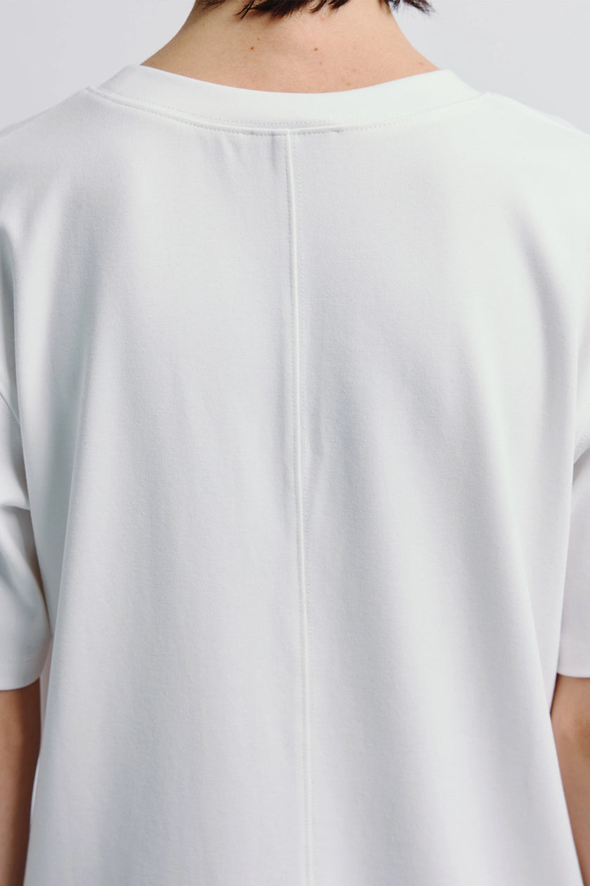 White Owen Boxy Crewneck Tee back view, highlighting the seam and neckline details.