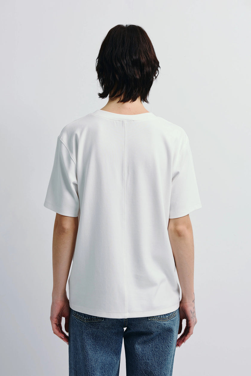 White Owen Boxy Crewneck Tee back view, cotton-rayon blend, minimalist design.