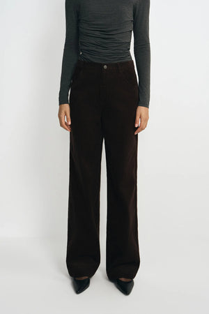 A model wearing dark brown wide-leg corduroy trousers, styled with a dark gray long-sleeve top and black pointed-toe heels, standing against a plain light gray studio background.