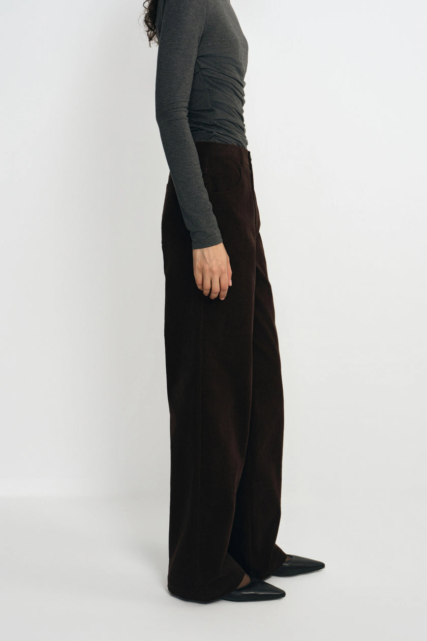 A side-profile view of a model wearing dark brown wide-leg corduroy trousers, a dark gray long-sleeve top, and black pointed flats against a plain white studio background.