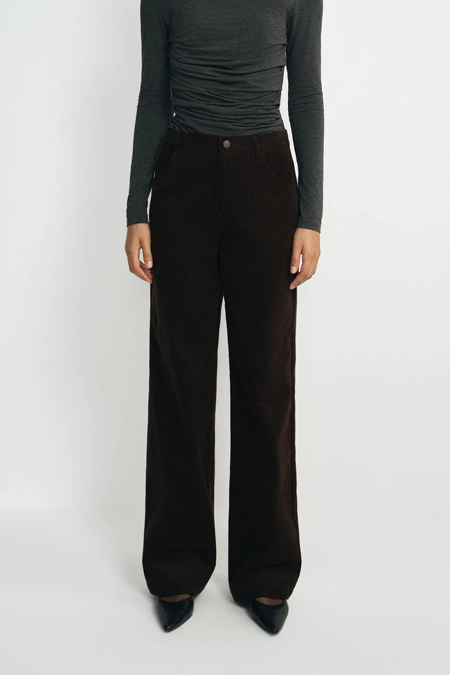 A model wearing dark brown wide-leg corduroy trousers, styled with a dark gray long-sleeve top and black pointed-toe heels, standing against a plain light gray studio background.