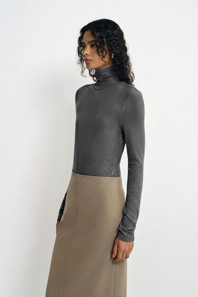 A model wearing a dark gray long-sleeve mock neck top paired with a beige midi skirt, photographed against a plain white studio background.