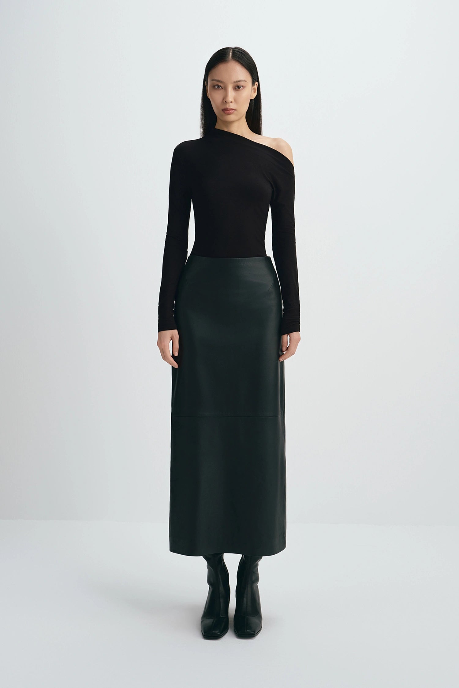 Anais Leather Midi Skirt Black