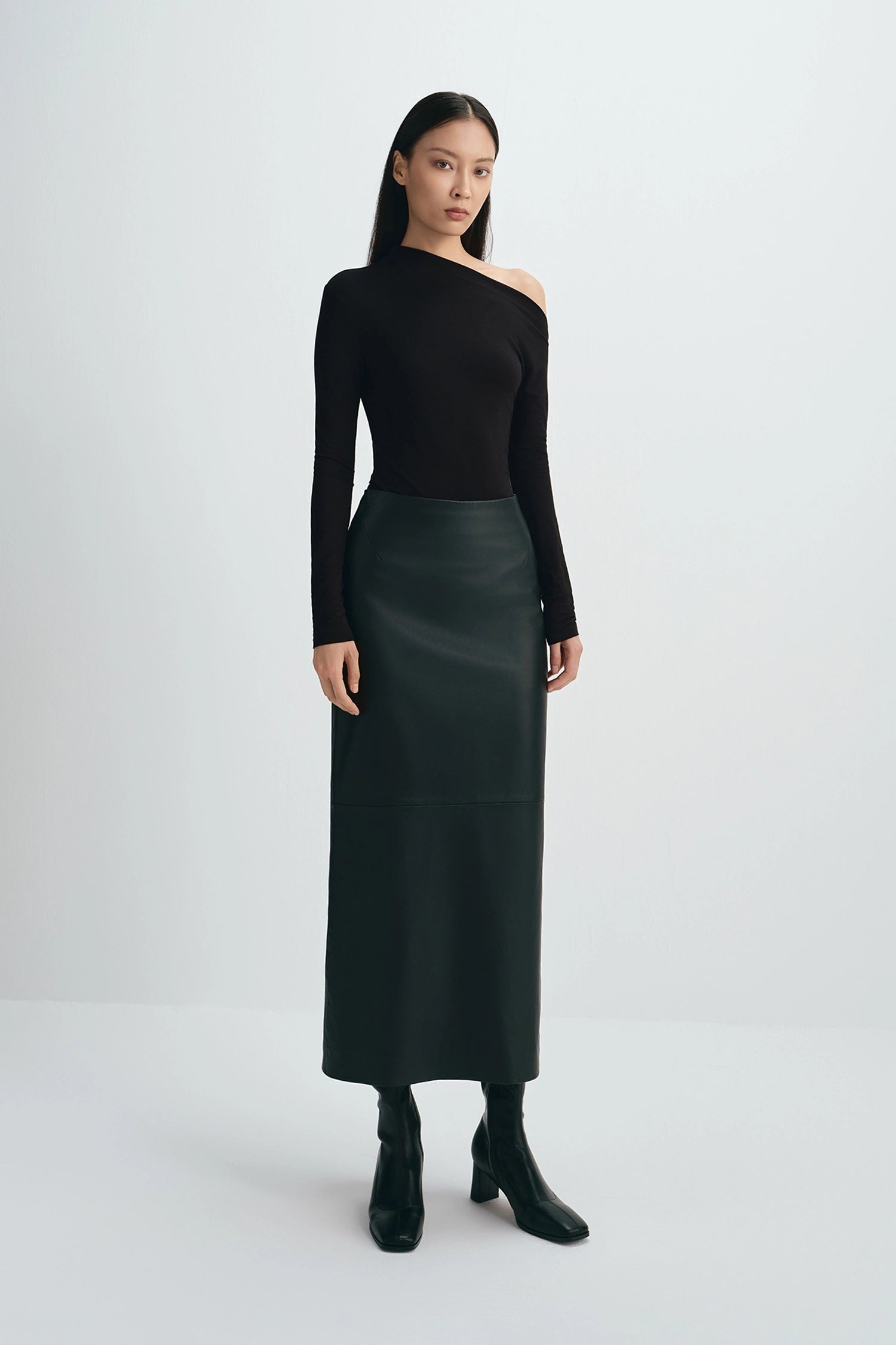 Anais Leather Midi Skirt Black