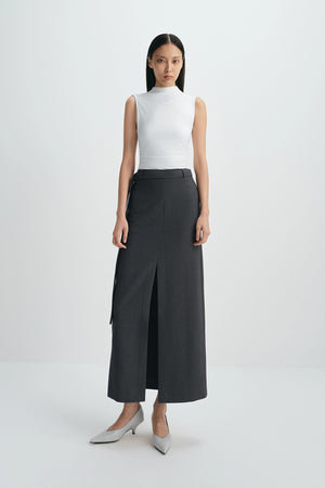 Noelia Center Slit Belted Skirt H.Charcoal